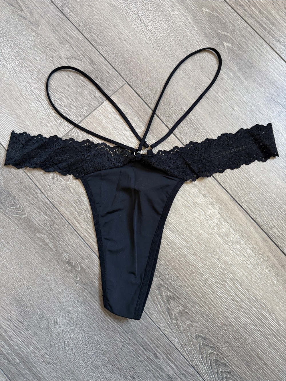Lace-Trim Black Thong with Double Strap Detail